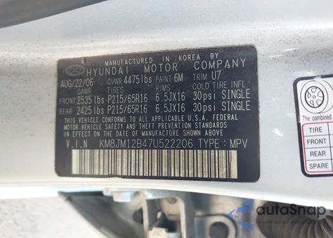 2007 Hyundai Tucson Gls from USA, damaged, VIN KM8JM12B47U522206